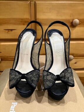 Christian Louboutin Black Lace Bow Slingback Peep-Toe Heels